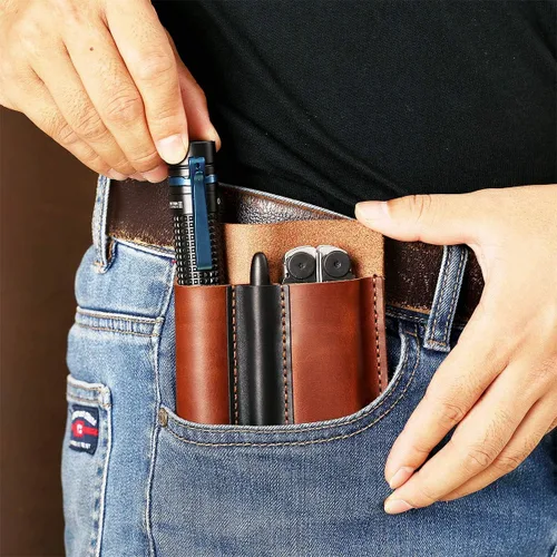 Miniatura 8 de Organizador de bolsillo de cuero para hombre, bolsa de herramientas EDC de cuero, funda hecha a mano, accesorios multiherramienta, marrón-plus
