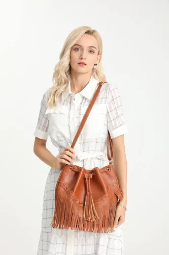 Miniatura 2 de Bolsos de cuero para mujer, bolsos cruzados con cordón para mujer, borla y bolsos de hombro