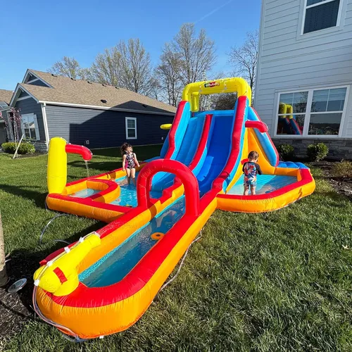 Miniatura 2 de Mega parque inflable de toboganes de agua, gran casa de rebote para niños de 5 a 12 años, tobogán acuático con pared de escalada, dos toboganes