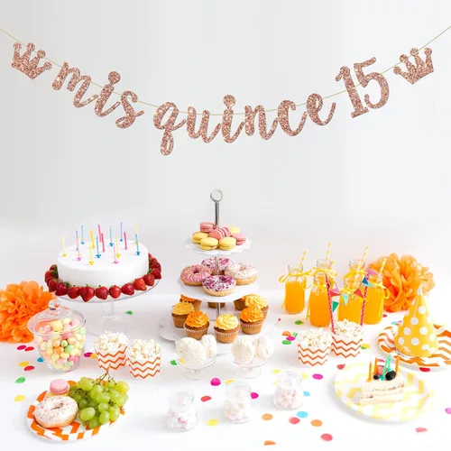 Miniatura 4 de Cartel de membrillo Mis 15, decoraciones para fiesta de cumpleaños de 15 años, pancarta de quince signos, decoraciones de fiesta de cumpleaños 15