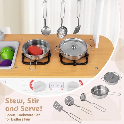 Miniatura 2 de Costzon Juego de cocina para niños, juego de cocina de juguete de madera con pizarra, grifo, fregadero, horno, microondas, lavavajillas, accesorios