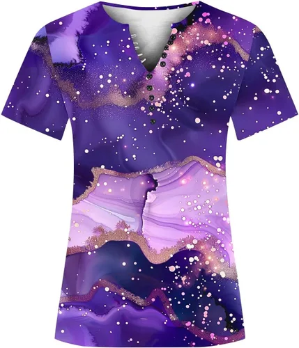 Miniatura 162 de Summer Shirts for Women 2025 Plus Size Short Sleeve Henley Tops Marble Floral Loose Tshirt Tee Casual Dressy Tunics