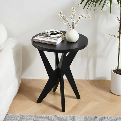 Miniatura 5 de Ahokua Mesa auxiliar redonda negra moderna, mesa auxiliar decorativa de mediados de siglo con parte superior de MDF y patas cruzadas para sala
