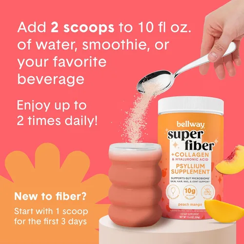 Miniatura 7 de Bellway Polvo súper fibra + colágeno, polvo de cáscara de psyllium sin azúcar con péptidos de colágeno y ácido hialurónico para la salud digestiva