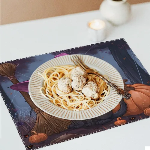 Miniatura 6 de Halloween Cat Pumpkin Lantern Placemats Set of 6 Resistant Table Mats Washable Place Mats for Dinner Party Table Decoration