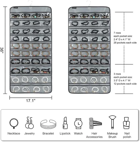 Miniatura 2 de Organizador de joyas colgante de 80 bolsillos para guardar joyas, soporte de exhibición de accesorios de doble cara para aretes, pulseras y anillos