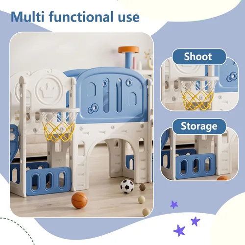 Miniatura 3 de Juego para exteriores 11 en 1 con tobogán y columpio, parque infantil interior para niños, con aro de baloncesto, pasillo extralargo, tobogán