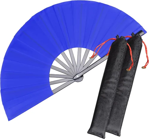 Miniatura 12 de Paquete de 2 ventiladores de mano plegables grandes, ventilador chino negro de Kung Fu Tai Chi, abanicos de tela de nailon para hombres y mujeres