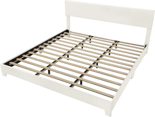 Miniatura 8 de Allewie Estructura de Cama Tamaño King con Cabecera Ajustable, Cama Plataforma de Cuero Sintético con Listones de Madera, Base de Colchón de Blanco