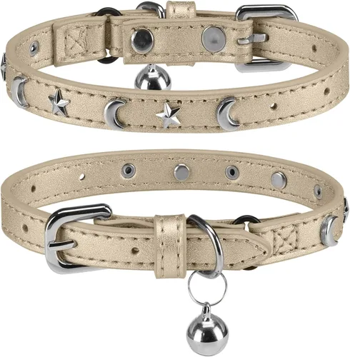Miniatura 10 de Collares de cuero DILLYBUD para gatos macho y hembra con campana y cinturón elástico de seguridad, collar ajustable con hebilla de seguridad