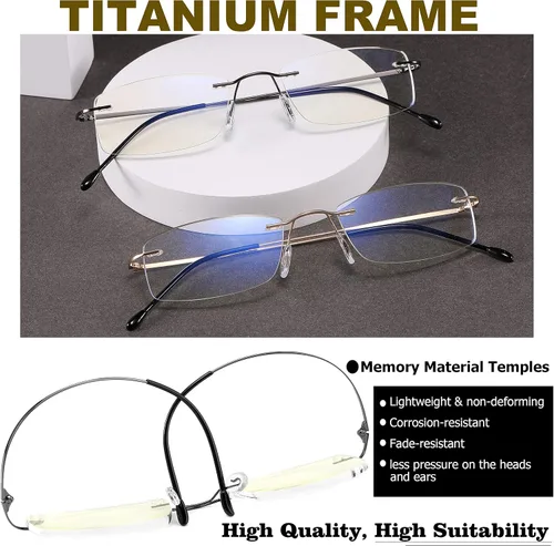 Miniatura 2 de Paquete de 2 lentes de lectura sin montura de titanio con filtro antideslumbrante de luz azul, lectores de bisagra de resorte ultraligeros