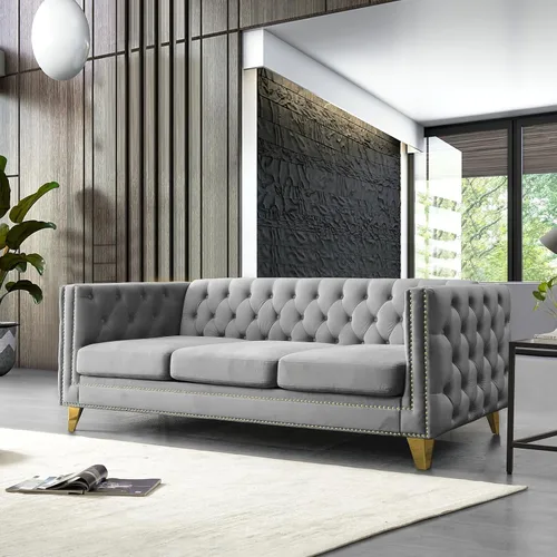 Sofá de terciopelo de 3 plazas, cómodos sofás para sala de estar, sofá moderno con respaldo copetudo y decoración de remaches, sofá largo tapizado