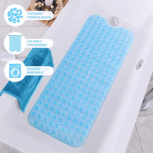 Miniatura 6 de ROSMARUS Tapete de ducha extra largo de 16 x 39 pulgadas, antideslizante, para bañera con ventosas y agujeros de drenaje, tapete de bañera para Azul