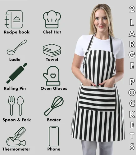 Miniatura 4 de TOSHEX Delantal de cocina de algodón resistente a las gotas de agua con delantales ajustables para mujeres con bolsillos, delantal de cocina