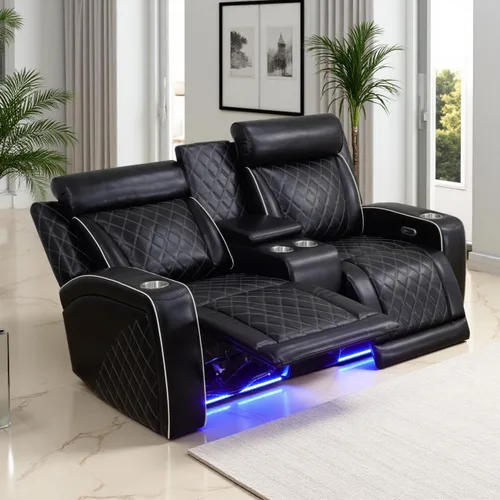 Miniatura 17 de Juego de Sofá Reclinable Eléctrico, Juego de Sofá y Sillón Reclinable de Cuero Negro, Juegos de Muebles de Sala de Estar, Sofá de Dos Plazas