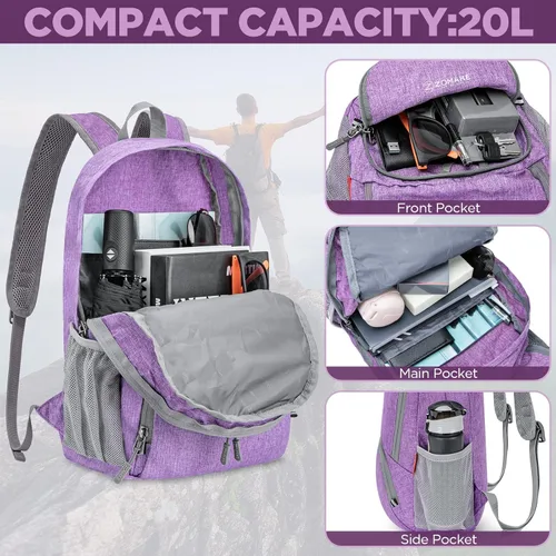 Miniatura 3 de ZOMAKE Mochila ultraligera plegable de 20L, mochilas plegables pequeñas resistentes al agua para senderismo, mochila de día colapsable para mujeres