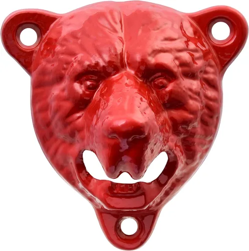 Miniatura 6 de Abridor de botellas de cerveza de hierro fundido con cabeza de oso negro, dientes grizzly montados en la pared para decoración de garaje de cueva