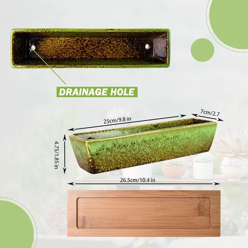 Miniatura 2 de ARTKETTY Macetas Suculentas, Macetas de Cerámica para Suculentas de 9.8 Pulgadas con Drenaje, Pequeño Bonsái con Bandeja de Bambú, Mini Maceta