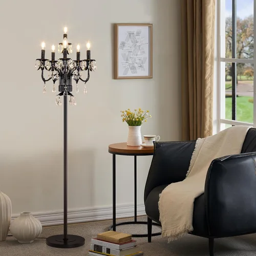 Miniatura 5 de Wellmet Lámpara de pie negra para esquina de sala de estar, lámpara de pie de granja con 6 luces, lámpara de pie alta de cristal con interruptor