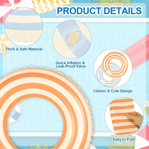 Miniatura 3 de FYSUIMU 6 flotadores inflables a rayas para piscina, anillos de natación, flotadores de brazo de piscina de PVC para adultos, decoración hawaiana
