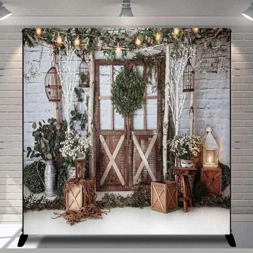 MEHOFOTO - Fondo de fotografía para cena de Navidad de invierno de 8 x 8 pies, puerta de pared de madera rústica, jaula de pájaros con purpurina,