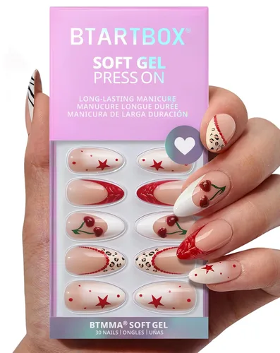 Miniatura 18 de BTArtbox Uñas cortas a presión, color negro, francés, almendra, con pegamento y pestañas adhesivas para mujeres en 16 tamaños, kit de 32 uñas de gel