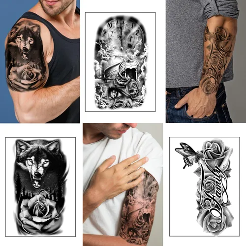 Miniatura 4 de Yazhiji 36 hojas de calcomanías temporales de tatuajes, 12 hojas de tatuajes falsos para hombres o mujeres, con 24 hojas, color negro pequeño Lobo