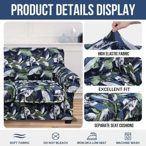 Miniatura 4 de hyha Funda para sofá, diseño floral, elástica, estampada, 4 piezas, fundas para sofá de 3 cojines separados, protector de muebles lavable para Gris
