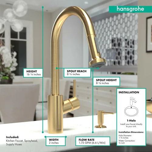 Miniatura 5 de hansgrohe Talis 14877251 - Grifo de cocina de arco alto dorado S² con rociador extraíble, grifo para fregadero de cocina, cabezal rociador