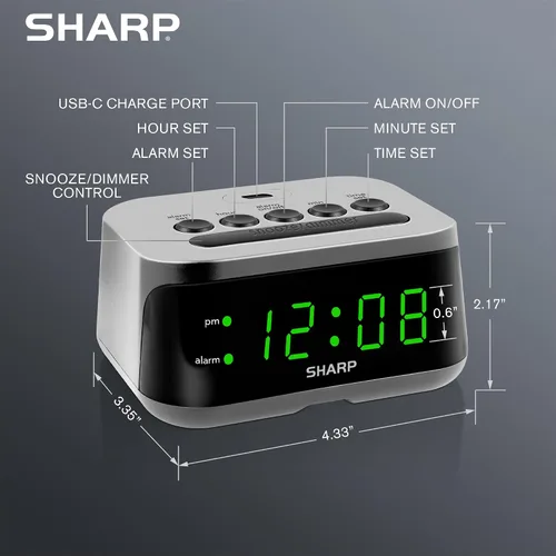 Miniatura 4 de Sharp Reloj despertador digital con puerto de carga USB-C súper rápido y pantalla LED verde