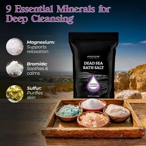 Miniatura 4 de Aromasong Sal pura del mar muerto para remojar con lavanda 100 % natural, 14 onzas, sal de baño de spa de grano fino, exfoliante de lavado corporal
