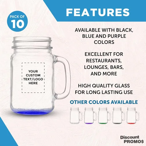 Miniatura 2 de DISCOUNT PROMOS Libbey Mason frascos personalizados con asas, 16 onzas, juego de 10, paquete personalizado a granel, estilo tradicional, alto