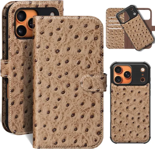 Miniatura 41 de Funda de cuero compatible con iPhone 16 Pro Max Cartera 6.9", cuero genuino 2 en 1, magnética, desmontable, a prueba de golpes, funda tipo folio