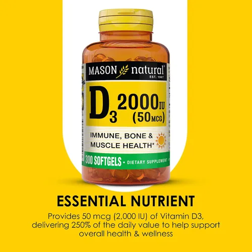 Miniatura 4 de MASON NATURAL Vitamina D3 2,000 UI Ultra Fuerza, Apoya la Densidad Ósea, Fuerza y Salud Inmune, 300 Cápsulas Blandas