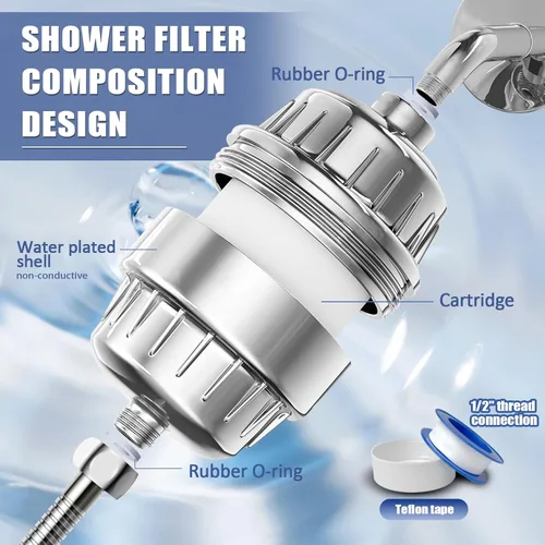Miniatura 4 de Filtro de ducha, filtro de cabezal de ducha de 20 etapas para agua dura con 2 cartuchos, filtro de agua de ducha de alto rendimiento para eliminar