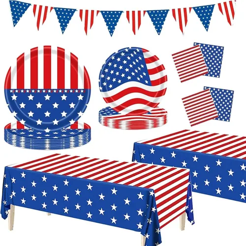 Suministros de fiesta patriótica, juegos de decoración de fiesta patriótica de bandera americana, platos y servilletas de papel del 4 de julio,