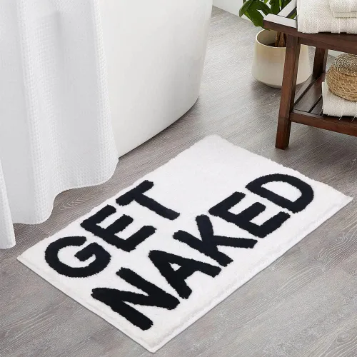 Alfombra de baño Get Naked, antideslizante, absorbente, divertida, alfombra de baño blanca para baño y ducha, lavable a máquina, 17 x 24 pulgadas,