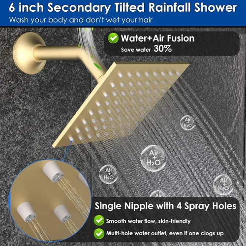 Miniatura 5 de ENGA Sistema de cabezal de ducha de lluvia doble, 2 en 1 funciones de montaje en techo, cabezal de ducha LED de 14 x 20 pulgadas con cabezal de Oro