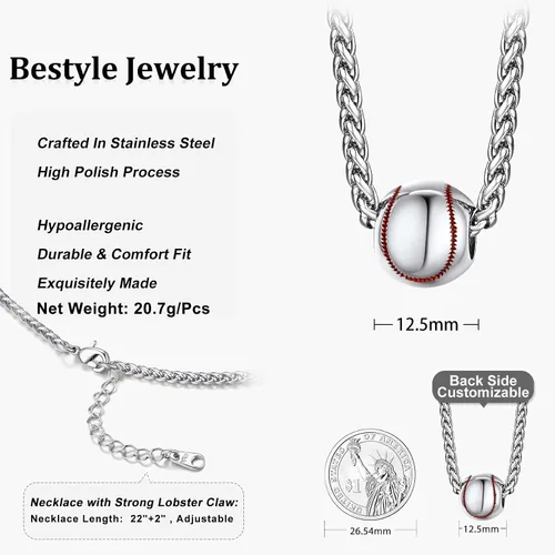Miniatura 7 de Bestyle Collar con colgantes de bola vívida para hombre, acero inoxidable sólido, fútbol, baloncesto, voleibol, pelota de rugby, béisbol, plateado