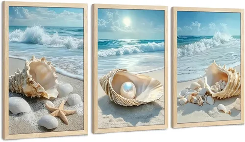 Miniatura 16 de SYWENNOI 3 piezas de arte de pared de playa con marco de madera, juego de 3 impresiones costeras, conchas marinas, estrellas de mar, olas, orilla