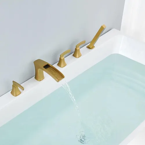 Miniatura 4 de Grifo de bañera romana, relleno de bañera de cascada de oro cepillado, grifos de baño de latón de 5 agujeros con ducha de mano