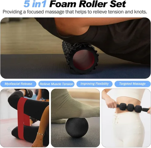 Miniatura 5 de JOYENERGY Juego de rodillos de espuma 5 en 1, rodillo de espuma de punto gatillo, barra de masaje, bola de masaje, correa de estiramiento para Negro