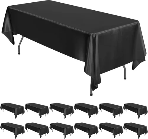 Paquete de 12 Manteles de Satén, 57 x 108 Pulgadas Mantel de Mesa Rectangular de Satén Negro, Mantel de Mesa de Tela Brillante y Suave, Cubremesas