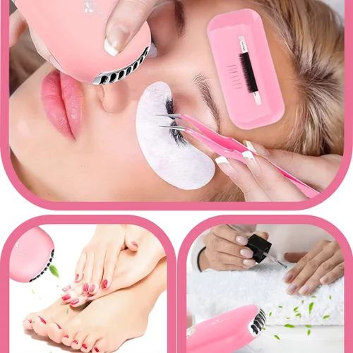 Miniatura 8 de Kit de extensión de pestañas profesional con cabeza de maniquí, párpados extraíbles, ventilador de pestañas USB, pestañas postizas individuales, Rosa