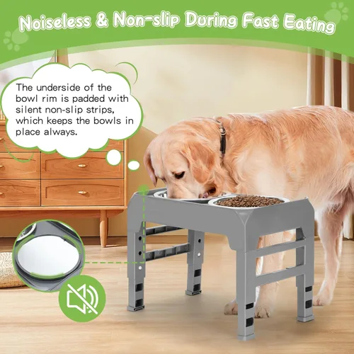 Miniatura 5 de Soporte elevado para cuenco para perros con 2 cuencos de acero inoxidable, altura ajustable para perros medianos y grandes, comedero plegable de Gris