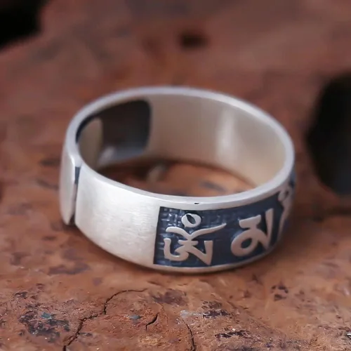 Miniatura 4 de JUNTEN Anillo de plata de ley 925 budista tibetana Om Mani Padme Hum Mantra para hombres y mujeres, anillos abiertos de 0.315in de ancho ajustables