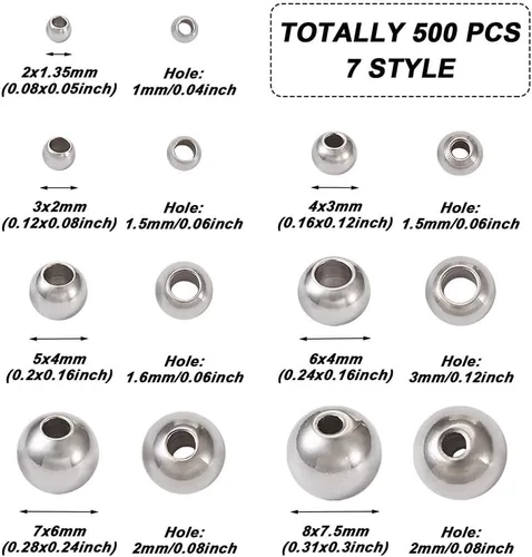 Miniatura 3 de 500 cuentas redondas de acero inoxidable 304, 7 estilos, acero metálico, cuentas espaciadoras lisas de 0.079 in, 0.118 in, 0.157 in, 0.197 in, 0.236