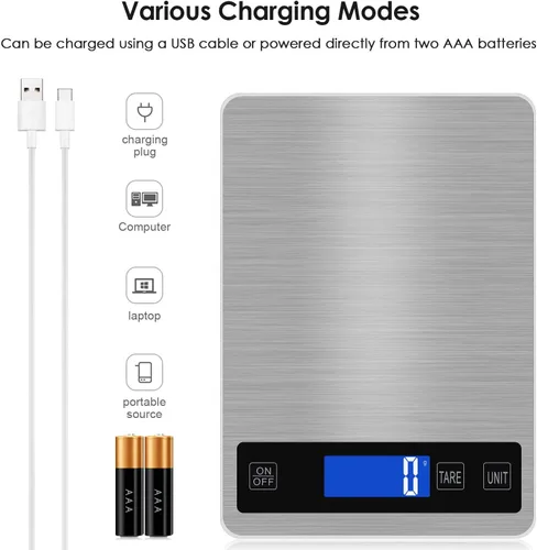 Miniatura 4 de Báscula digital de cocina recargable de 22 libras / 22.0 lbs con división de 0.04 onzas/0.04 oz, sensor táctil, pantalla LCD retroiluminada, báscula