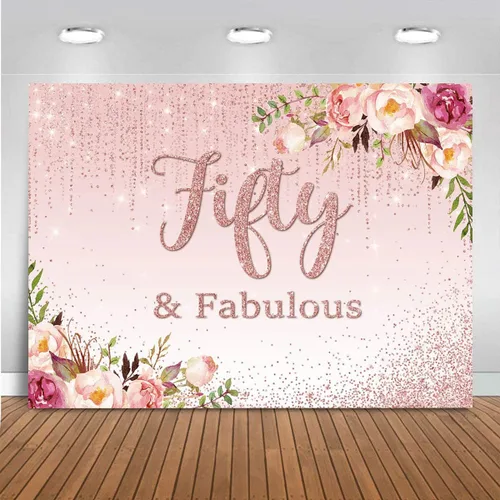 Mocsicka Fifty Fabulous - Telón de fondo floral con puntos dorados para fotografía de cumpleaños 50 para mujeres, de vinilo, para retratos, cabina