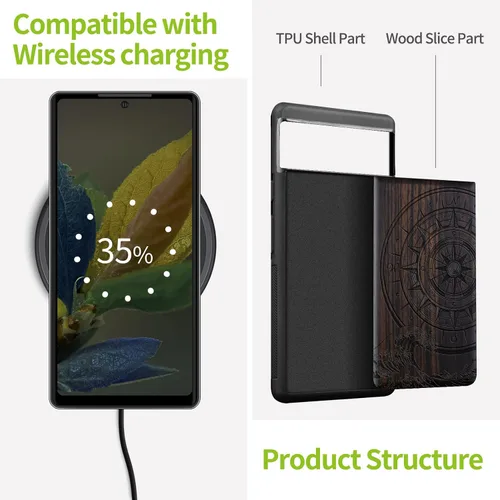 Miniatura 5 de Carveit Funda de madera para Pixel 8a - Madera natural y negro suave TPU a prueba de golpes - Funda de madera única compatible con Google Pixel 8a